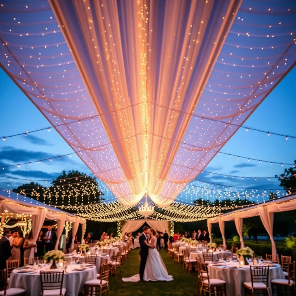 Canopée guirlandes LED mariage extérieur réception soirée bokeh romantique