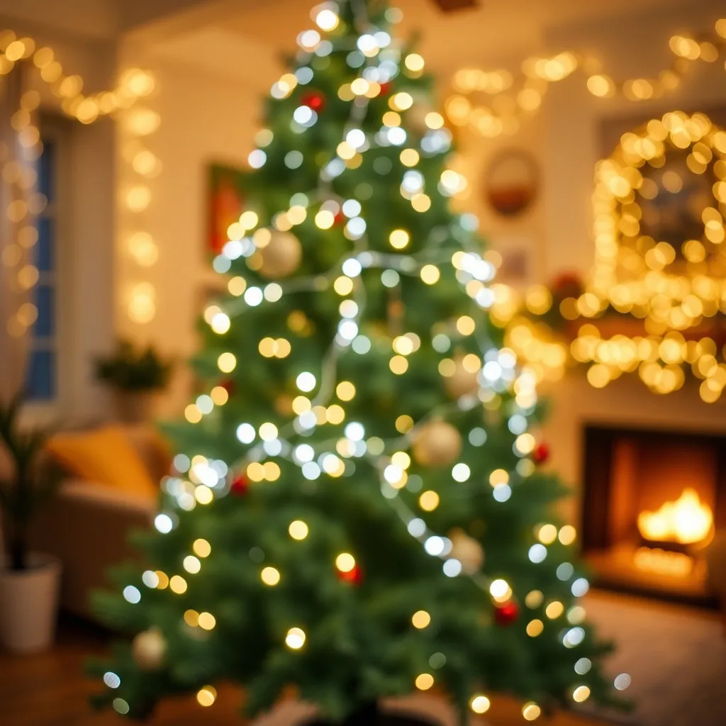 Guirlande LED blanc chaud IP20 enroulée sur sapin de Noël intérieur ambiance cosy